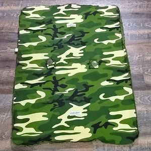 Gently Loved Carseat Canopy camouflage quilted car seat cover hangs from handle